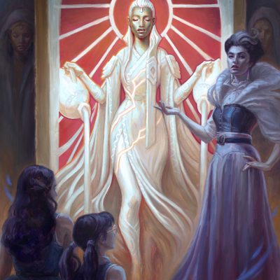 Zara Alfonso's oil painting of the official card illustration for “Dualcaster Mage” for Magic: The Gathering Secrets of Strixhaven Special Guests.
